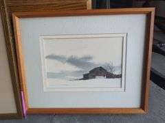 Two Framed Prints: Cottage and Barn Landscape
