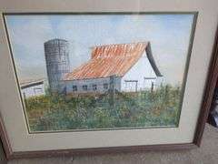 Framed Watercolor Paintings - Dockside Scene & Barn Landscape