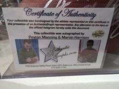 Peyton Manning & Marvin Harrison Autographed Football with Certificate of Authenticity