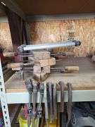 Assorted Woodworking Clamps, lumber stand