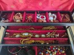 Black Jewelry Box Filled with Costume Jewelry