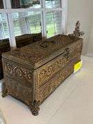 Decorative Treasure Chest with Religious Decor, Eiffel Tower, and Windowpane Mirror