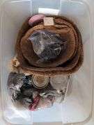 Nine totes of assorted household miscellaneous and two plastic stacking chairs