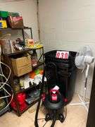 Shop Vacuum, Storage Container, Fan, and Assorted Shelf Items