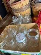 Lot of Bushel Baskets, Mason Jars, and Vintage Feed Sacks