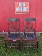 Pair of Decorative Wooden Chairs with Leather Seats
