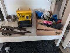 Contents of workbench, barn, lantern, ground clear, air station, toolbox, Tonka trucks, and more