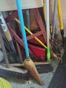 Collection of Brooms, Rakes, Shovels, and Cleaning Tools