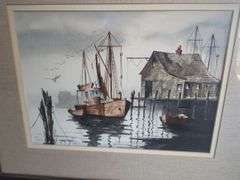 Framed Watercolor Paintings - Dockside Scene & Barn Landscape