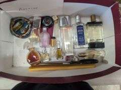Box Lot of Perfume Bottles, Trinket Boxes, and Other Assorted Items