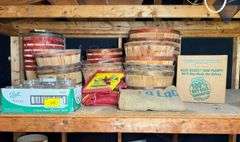 Lot of Bushel Baskets, Mason Jars, and Vintage Feed Sacks