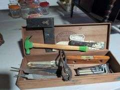 Wooden Cigar Box with Assorted Tools