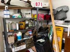Storage Shelves with Assorted Household and Automotive Items
