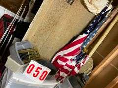 Mixed Household Lot with Birdhouse, American Flag, and Storage Containers