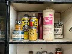 Garage Cabinet of Supplies - Caulking, Cleaners, Lubricants, Repair Items