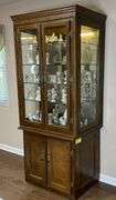 Glass Front Solid Oak Display Case with Glass Shelves & Lower Cabinet