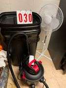 Shop Vacuum, Storage Container, Fan, and Assorted Shelf Items