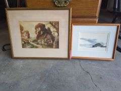 Two Framed Prints: Cottage and Barn Landscape