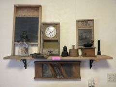 Collection of Early Household Items: Washboard, Butter Churn, Clock, and More