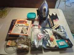 Quilting and Sewing Lot with Books, Supplies, and Iron