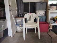 Nine totes of assorted household miscellaneous and two plastic stacking chairs