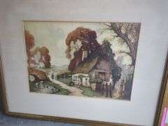 Two Framed Prints: Cottage and Barn Landscape