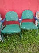 Pair of Green Metal Shell-Back Patio Chairs