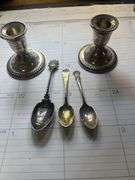 Pair of Weighted Silver Candlestick Holders and Souvenir Spoons