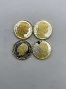 Four Commemorative Coins Including 'Friend,' 'Mother,' 'Father,' and Foreign Coins