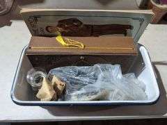 Box Lot with 1920s Paper Dolls, Decorated Box, Cabinet Pulls, and Glass