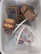 Nine totes of assorted household miscellaneous and two plastic stacking chairs