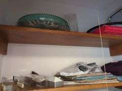 Assorted Closet Items: Clothing, Storage, and Collectibles