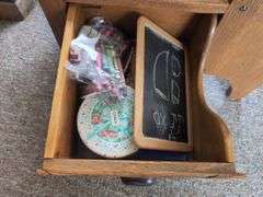 Wooden School Desk, Clock, and Decor