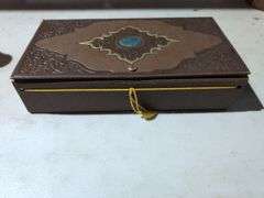 Box Lot with 1920s Paper Dolls, Decorated Box, Cabinet Pulls, and Glass