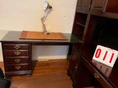 Mahogany Office Desk Hutch Set with Leather Chair and Glass Top