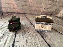 Cast iron match holder and blue in white salt box