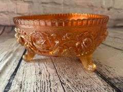 Footed Carnival Glass Bowl with Rose Design