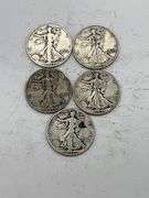Five Walking Liberty Half Dollars 1934-1945