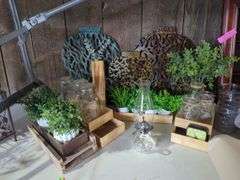 Mixed Decorative Lot with Lantern, Planters, and Wall Art