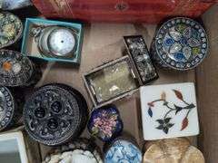 Mixed Lot: Decorative Boxes, Musical Prayer Box, Pocket Watches & More