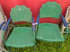 Pair of Green Metal Shell-Back Patio Chairs