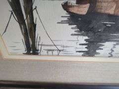 Framed Watercolor Paintings - Dockside Scene & Barn Landscape