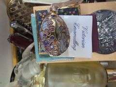 Box Lot of Perfume Bottles, Trinket Boxes, and Other Assorted Items