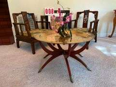 Pair of Wood Armchairs, Accent Table, and Framed Art