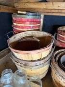 Lot of Bushel Baskets, Mason Jars, and Vintage Feed Sacks