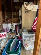 Mixed Household Lot with Birdhouse, American Flag, and Storage Containers