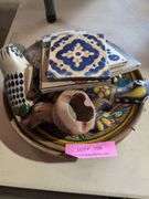 Hand-Painted Decorative Plate with Various Decorative Items