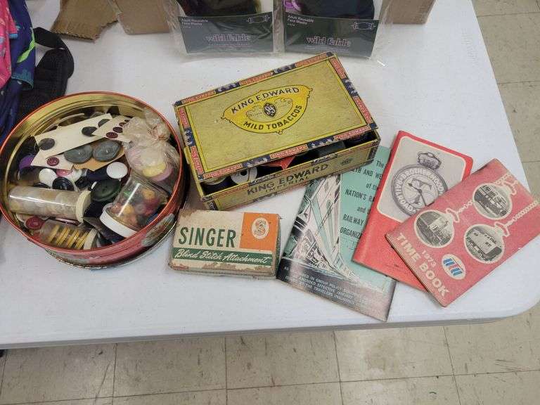 Mixed Lot: King Edward Tobacco Box, Singer Blind Stitch Attachment, Buttons, and Railroad Memorabilia image